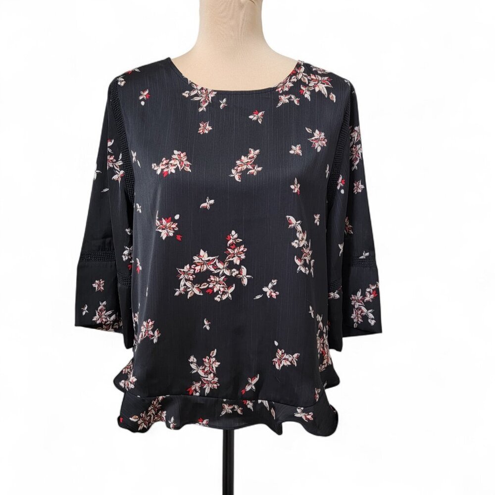 Apt. 9 Size PL Black w/ Red White Floral Pattern Ruffle Trim Blouse